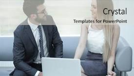  Presentation with financial - Colorful slides enhanced with business colleagues discussing financial documents backdrop and a light gray colored foreground
