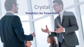  Presentation with new business ideas - Presentation consisting of business colleagues discussing new ideas standing in the office background and a light blue colored foreground