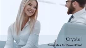  Presentation with new business ideas - Audience pleasing presentation theme consisting of business-colleagues-discussing-new-ideas backdrop and a light blue colored foreground