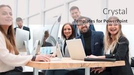  Presentation with new business ideas - Amazing PPT theme having business-colleagues-discussing-new-ideas backdrop and a light gray colored foreground