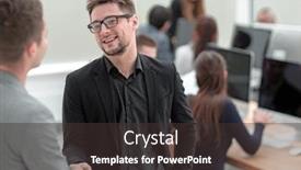  Presentation with new business ideas - Cool new slide deck with business-colleagues-discussing-new-ideas backdrop and a dark gray colored foreground