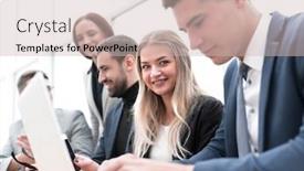  Presentation with new business ideas - Audience pleasing presentation theme consisting of business-colleagues-discussing-new-ideas backdrop and a soft green colored foreground