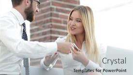  Presentation with new business ideas - PPT theme consisting of business colleagues discussing new ideas in the office background and a light gray colored foreground