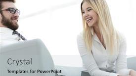  Presentation with new business ideas - Theme featuring business colleagues discussing new ideas in the office background and a light gray colored foreground