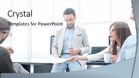  Presentation with economic - Cool new slides with business colleagues discussing news backdrop and a  colored foreground