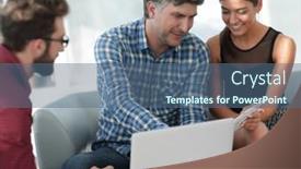  Presentation with business report - Cool new presentation theme with business colleagues discussing on report with laptop on table backdrop and a ocean colored foreground