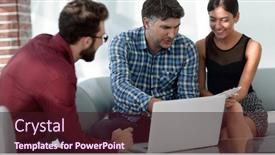  Presentation with business report - PPT theme having business colleagues discussing on report with laptop on table background and a wine colored foreground