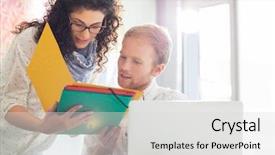  Presentation with creative - PPT theme with business colleagues discussing over file background and a light gray colored foreground