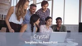  Presentation with business office desk - PPT theme featuring business colleagues discussing over laptop at creative office desk background and a light blue colored foreground