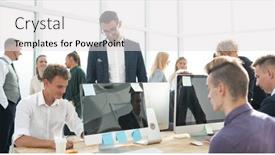  Presentation with business office desk - Cool new PPT theme with business-colleagues-greeting-each backdrop and a light gray colored foreground