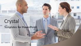  Presentation with great communication skills in business - Slide deck with business colleagues having a disagreement background and a light gray colored foreground