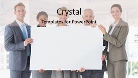  Presentation with poster - Presentation theme with business colleagues holding poster together in the office background and a lemonade colored foreground