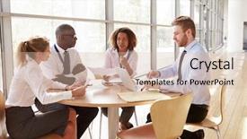  Presentation with team meeting - Colorful presentation design enhanced with problem solving people - four business colleagues backdrop and a soft green colored foreground