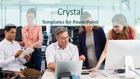  Presentation with business office desk - PPT theme enhanced with business colleagues interacting with each other at desk in officesmiling business colleagues interacting with each other at desk in office background and a sky blue colored foreground