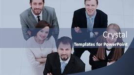  Presentation with camera - Cool new PPT theme with business-colleagues-looking-at-camera backdrop and a ocean colored foreground