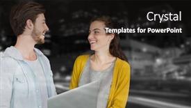  Presentation with city roads - Presentation design consisting of business colleagues looking at each other while using a laptop against illuminated roads by building in city background and a dark gray colored foreground