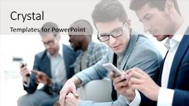  Presentation with sms - Cool new slides with business colleagues reading sms backdrop and a light gray colored foreground