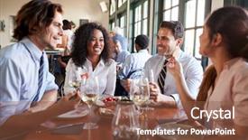  Presentation with restaurant - Beautiful slides featuring business colleagues sitting around restaurant backdrop and a tawny brown colored foreground