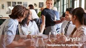  Presentation with waitress - Cool new presentation with business colleagues sitting around restaurant backdrop and a tawny brown colored foreground