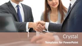  Presentation with meeting table - Audience pleasing slide deck consisting of business colleagues sitting at a table during a meeting with two backdrop and a coral colored foreground
