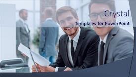  Presentation with business office desk - Colorful presentation design enhanced with business colleagues sitting at the office desk backdrop and a sky blue colored foreground