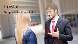  Presentation with together - Colorful slide deck enhanced with business colleagues talking together outdoor backdrop and a  colored foreground