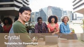  Presentation with relaxing - Beautiful PPT theme featuring business-colleagues-team-relaxing-together backdrop and a coral colored foreground