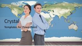  Presentation with office room - Cool new presentation theme with business colleagues with arms crossed in office against room with wooden floor backdrop and a light blue colored foreground