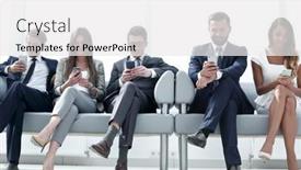  Presentation with smartphones - PPT theme with business-colleagues-with-their-smartphones background and a white colored foreground