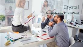  Presentation with team working together - Colorful PPT theme enhanced with business-colleagues-working-together backdrop and a sky blue colored foreground