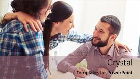  Presentation with office - Colorful PPT layouts enhanced with business comminucation - happy young colleagues communicating backdrop and a violet colored foreground