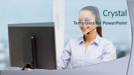 Presentation with business communication - Slide set having young woman calling help - business communication and call center background and a sky blue colored foreground