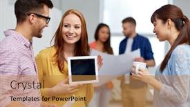  Presentation with coworkers - Beautiful presentation theme featuring business communication and people concept - creative team or coworkers with tablet pc computer at office coffee break backdrop and a gold colored foreground