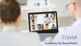  Presentation with video conference - Amazing PPT theme having business-communication-and-technology-concept backdrop and a sky blue colored foreground