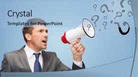  Presentation with business communication - Presentation theme with business communication hiring searching public announcement office concept - buisnessman with bullhorn or megaphone and question marks background and a light blue colored foreground