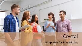  Presentation with international business - Amazing presentation theme having business communication startup and people concept - happy international creative team or students on coffee break talking at office backdrop and a coral colored foreground