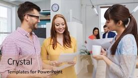  Presentation with people talking - Beautiful slides featuring business communication startup and people concept - happy multiracial creative team or students on coffee break talking at office backdrop and a coral colored foreground