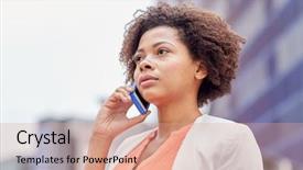  Presentation with business-communication - Slides enhanced with business communication technology and people concept - young african american businesswoman calling on smartphone in city background and a coral colored foreground