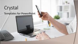  Presentation with smartphone app - Presentation design consisting of business communication and technology concept background and a  colored foreground