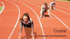  Presentation with race track - Presentation theme having business competition - businesswoman at athletic stadium background and a coral colored foreground