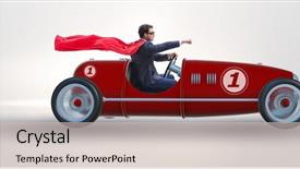 Presentation with business competition - Slide set enhanced with business competition - superhero businessman driving vintage roadster background and a lemonade colored foreground