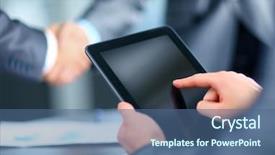  Presentation with hands holding black tablet - Colorful PPT theme enhanced with business concept - businessman holding digital tablet backdrop and a ocean colored foreground