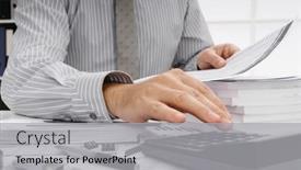  Presentation with financial reports - Presentation design enhanced with business-concept-businessman-s-working background and a light gray colored foreground