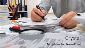  Presentation with financial reports - Cool new slide deck with business-concept-businessman-working backdrop and a light gray colored foreground