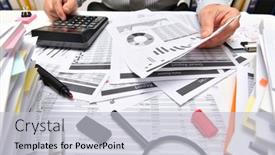  Presentation with financial reports - Slide set enhanced with business-concept-businessman-working background and a light gray colored foreground