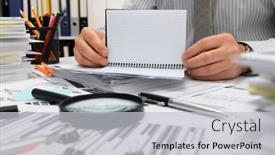  Presentation with financial reports - Presentation enhanced with business-concept-businessman-working background and a light gray colored foreground