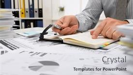  Presentation with financial reports - Colorful presentation enhanced with business-concept-businessman-working backdrop and a light gray colored foreground