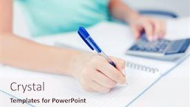  Presentation with business calculator - PPT theme having business-concept-businesswoman-working background and a lemonade colored foreground