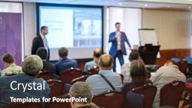  Presentation with conference - Slides enhanced with business-conference-attendees-sit background and a wine colored foreground