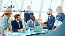  Presentation with new ideas - Presentation design featuring business consultant - young employees discussing and explaining background and a sky blue colored foreground